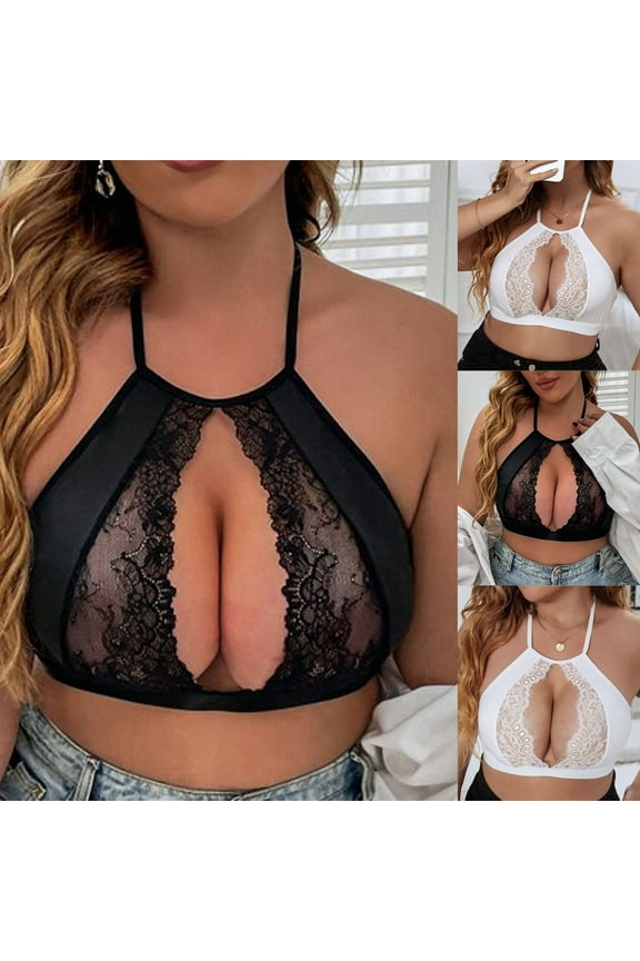 Women's Plus Size Bra Harness Hollow Out Bralette Floral Lace Mesh Criss Cross Lingerie Underwear White L