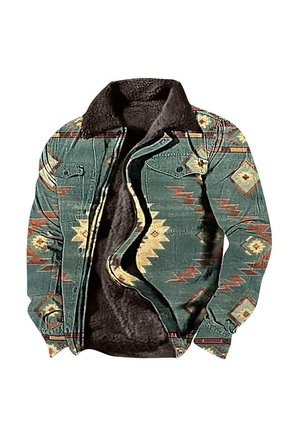 Big and Tall Aztec Jacket for Men Vintage Print Cowboy Winter Warm Jackets Western Aztec Fleece Lined Zipper Coats Back To College Sales Gold M
