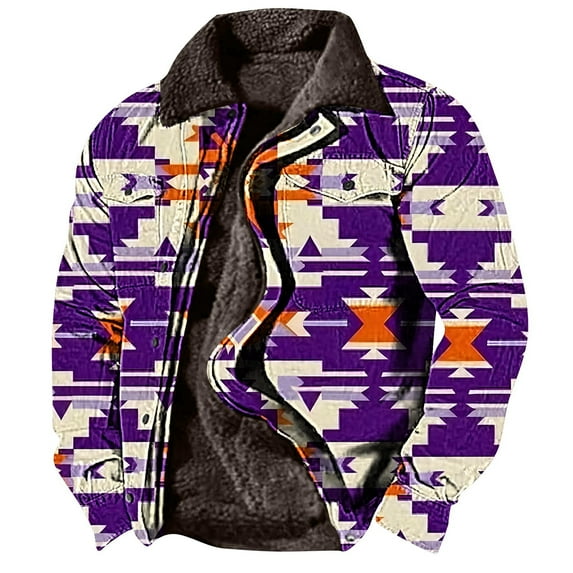 BiZtdJrK Big and Tall Aztec Jacket for Men Vintage Print Sherpa Jackets Fleece Lined Long Sleeve Zipper Warm Coat with Pockets Sales For Today On Walmart Purple XL