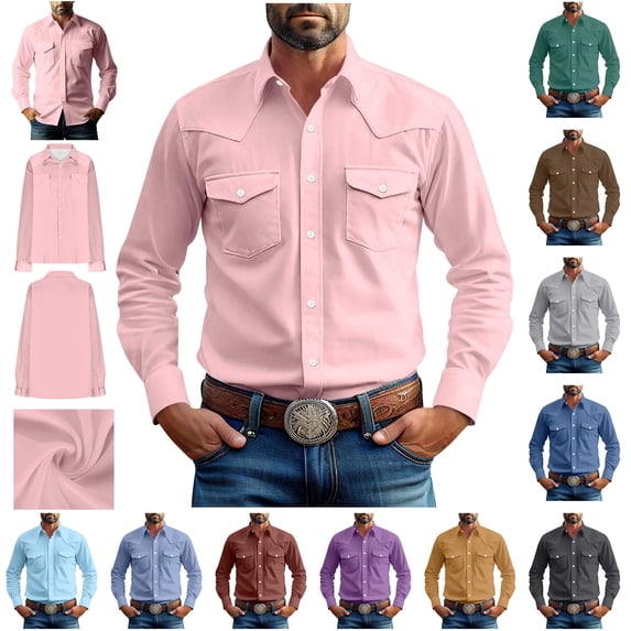 BiZtdJrK Western Cowboy Shirts for Men Pearl Snap Button Down Work Tops Solid Color Casual Cargo Shirt with Two Pockets, Army Green, XXXL