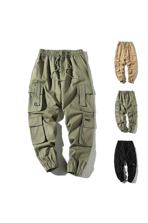 Big and Tall Cargo Pants for Men Casual Drawstring Elastic Waist Work Trousers Solid Ankle Cuffs Jogger Sweatpants with Multi Pockets Sale of the Day Army Green 5XL