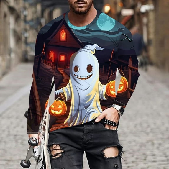 BiZtdJrK Big and Tall Ghost Print T-Shirts for Men Long Sleeve Crewneck Casual T-Shirts Halloween Funny Fashion Cool Costume Tee Tops Multicolor S