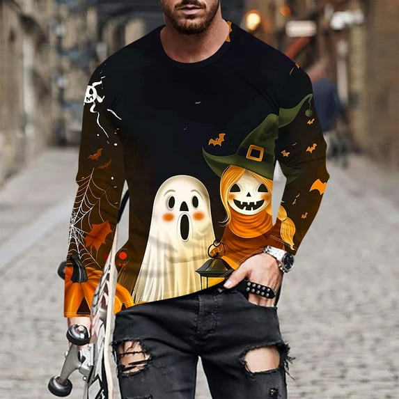 BiZtdJrK Big and Tall Ghost Print T-Shirts for Men Long Sleeve Crewneck Casual T-Shirts Halloween Funny Fashion Cool Costume Tee Tops J-Multicolor#mens shirts long sleeve M