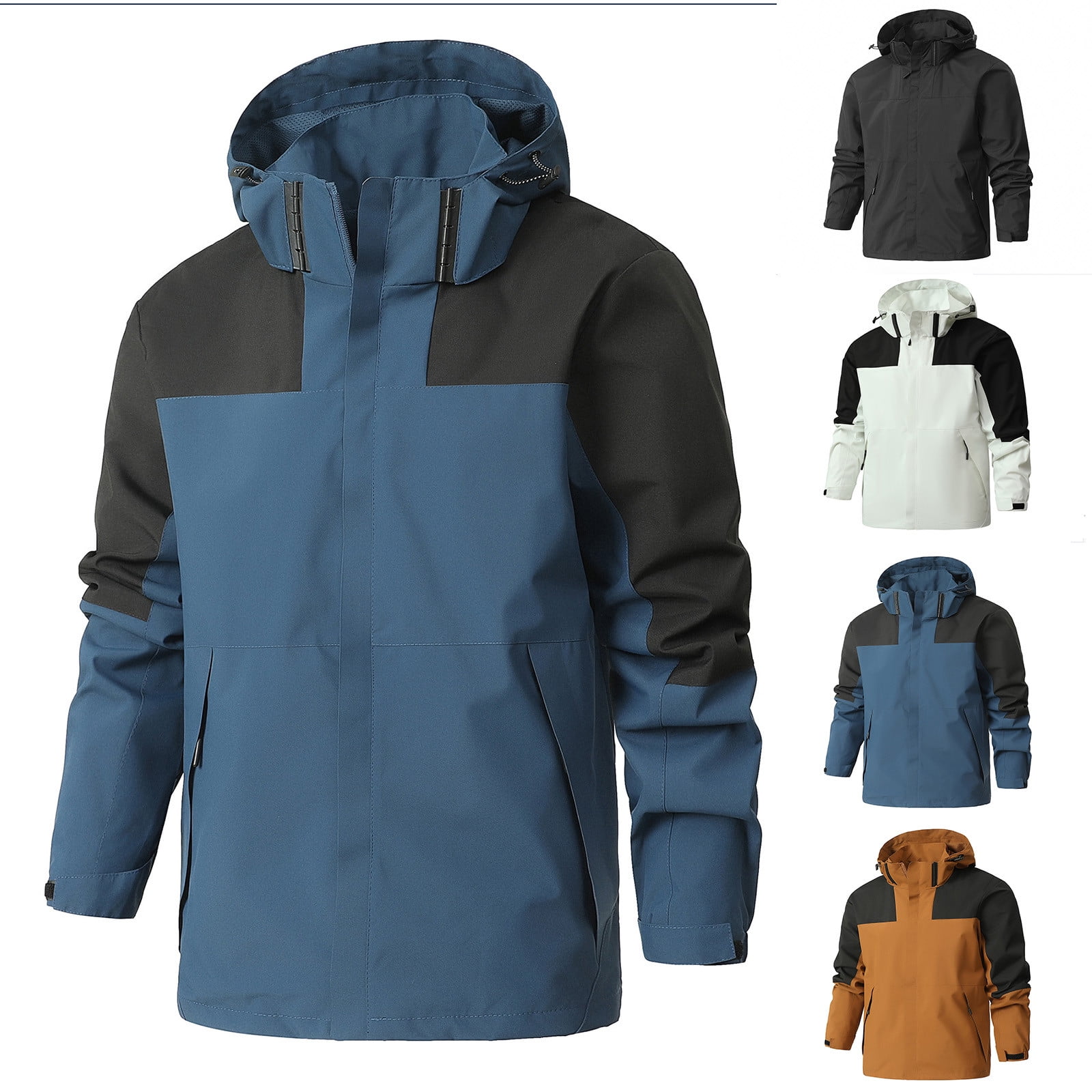 BiZtdJrK Big and Tall Hoodie Rain Jacket for Men Color Block Long Sleeve Zip Up Jackets Lightweight Packable Softshell Raincoat for Golf Hiking Travel Back to College Sale Brown XXXL Walmart