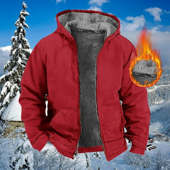 BiZtdJrK Big and Tall Jacket for Men Fleece Lined Winter Warm Coat Soft Solid Casual Long Sleeve Jackets Big and Tall Heavyweight Sweatshirt Lightning Sales Red L