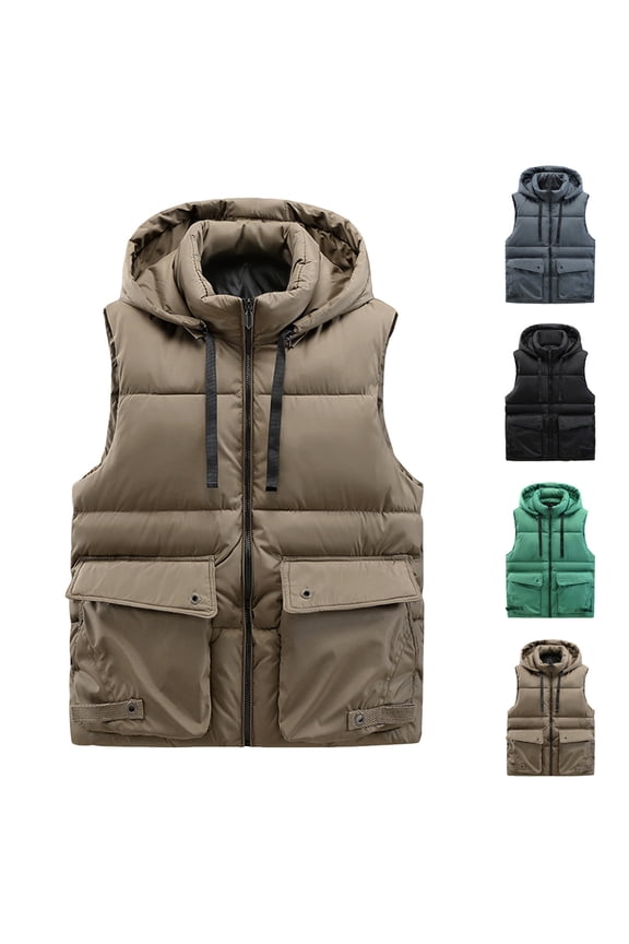 Big and Tall Outdoor Vests for Men Drawstring Sleeveless Cotton Hooded Puffer Jackets Zip Up Thicked Warm Winter Quilted Jacket with Pockets Green L
