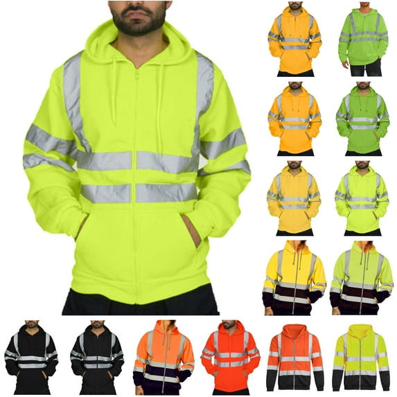 BiZtdJrK Big and Tall Safety Jackets for Men Outdoor High Visibility Sweatshirt Casual Drawstring Full Zip Hoodies Reflective Coats with Pockets Green XXXXL Weekly Sale