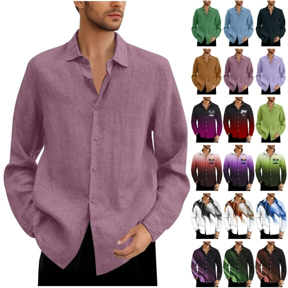 BiZtdJrK Big and Tall Shirts for Men 2025 Summer Cotton Linen Long Sleeve T Shirt Solid Casual Button Down Lapel Blouse Business Work Tops Dark Gray XXL Today's Lightning Sales