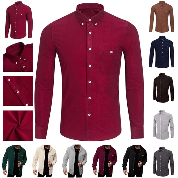BiZtdJrK Big and Tall Shirts for Men Corduroy Long Sleeve Work Tops Business Casual Lapel Dress Shirts Solid Color Button Down Blouse with Pocket Back to School Prime Sales Wine 4XL