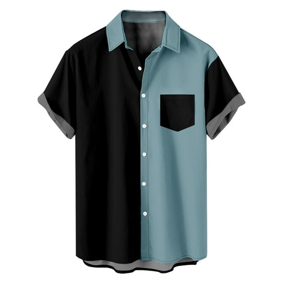 BiZtdJrK Big and Tall Shirts for Men Summer Button Down Lapel Beach Blouses 2024 Trendy Color Block Short Sleeve Slim Fit Shirt with Pocket Limited Time Deals of the Day Light Blue 3XL