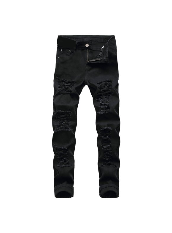 Big and Tall Skinny Jeans for Men Casual Ripped Denim Pants Slim Fit Stretch Distressed Jean Pants Vintage Streetwear Black S