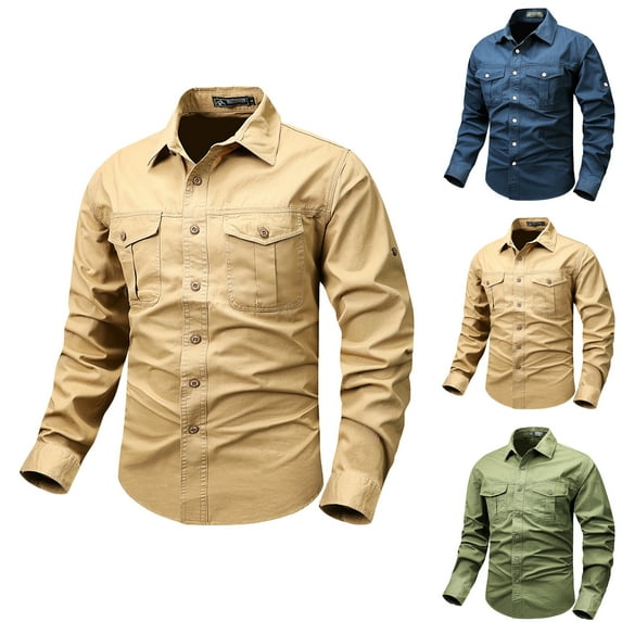 BiZtdJrK Big and Tall Tactical Shirts for Men with Pockets Casual Long Sleeve Button Down Cargo Shirts Solid Color Classic Lapel Work Tops 90 Percent off Clearance Sale Dark Blue XL