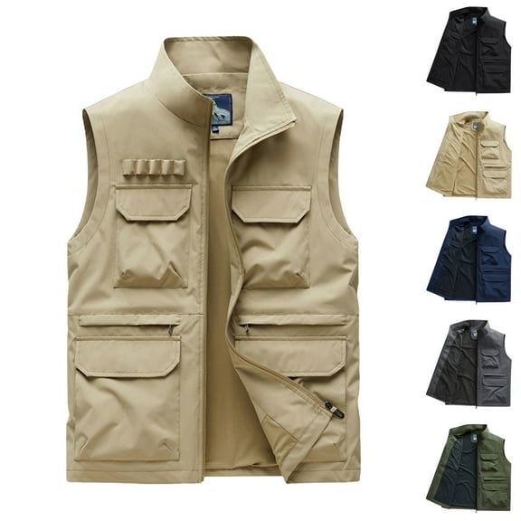 BiZtdJrK Big and Tall Vests for Men Cargo Work Vest Zip Up Sleeveless Stand Collar Jacket Outdoor Fishing Travel Photo Vest Jackets with Multi Pockets Army Green XXXL