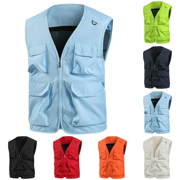 BiZtdJrK Big and Tall Cargo Vests for Men Zip Up Sleeveless Solid Work Jackets Ripstop Travel Outdoor Vest with Multi Pockets Light Blue S