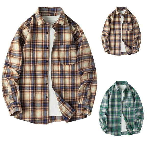 BiZtdJrK Big and Tall Plaid Shirts for Men Lapel Long Sleeve Cotton Button Down Shirt Jackets Regular Fit Casual Shacket with Chest Pocket Green XL