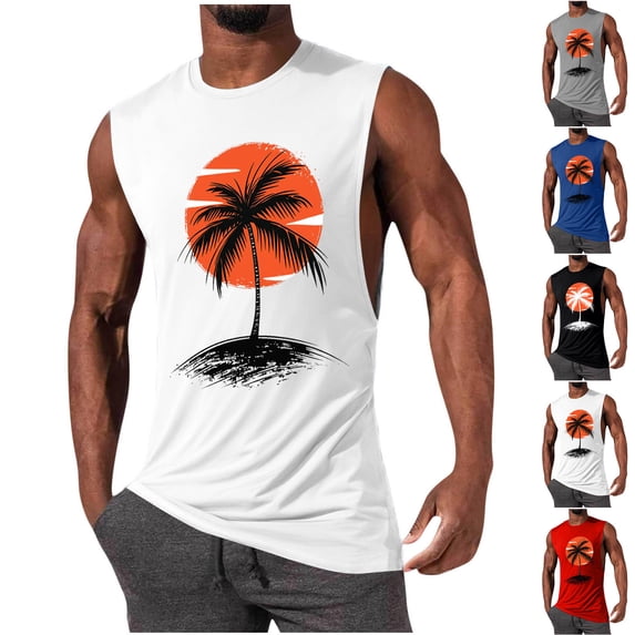BiZtdJrK Big and Tall Sleeveless Tank Tops for Men Palm Tree Beach Athletic Tanks Soft Cotton Workout Undershirts Red XXXXL