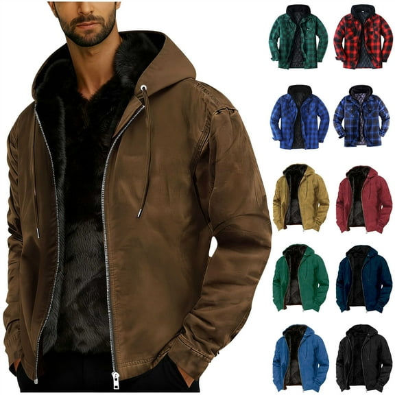 BiZtdJrK Big and Tall Winter Jackets for Men Outdoor Warm Zipped Up Fleece Lined Hooded Casual Coat with Pocket, Brown, XXXXL