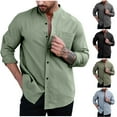 thumbnail image 1 of BiZtdJrK Birthday Gifts! Men's Cotton Long Sleeve Shirts Casual Button Down Banded Collar Shirt Solid Color Tops with Pocket Business Outfits, Black, XXL, 1 of 7