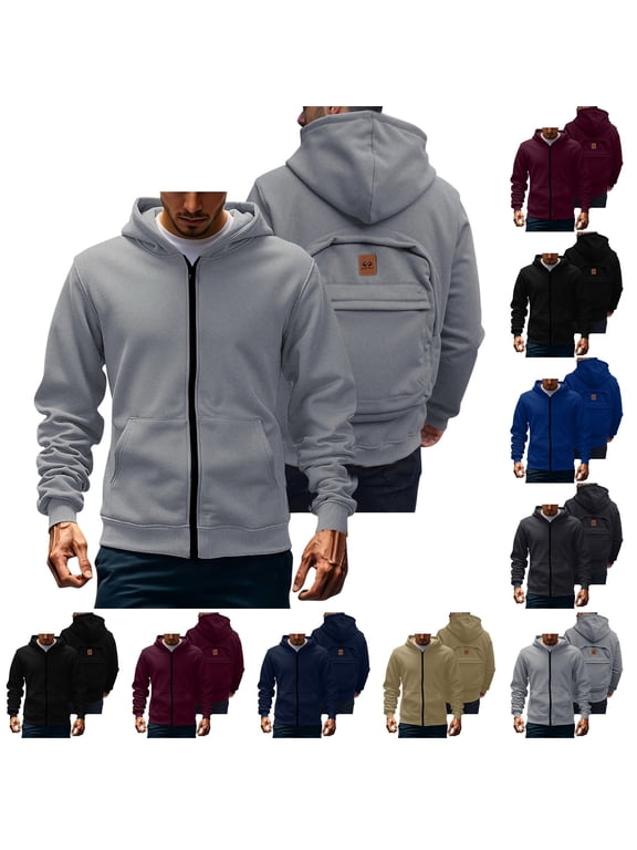 Black Men's Casual Zipper Hooded Sweatshirts with Backpack Solid Color Casual Long Sleeve Pullover Hoodies Travel Outfits Going Out Tops L