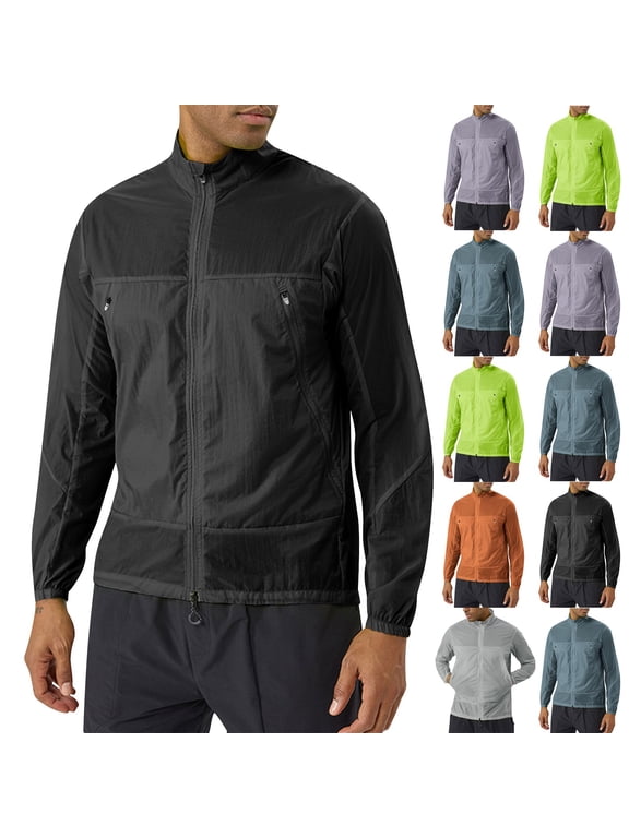 Black Men's Lightweight Cycling Jacket Full Zip Long Sleeve Windbreaker Softshell Hiking Jackets Quick Dry Golf Travel Coat L