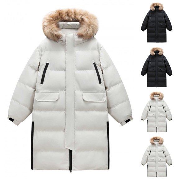 BiZtdJrK Black Men's Winter Hooded Jacket Long Thick Warm Down Cotton Padded Coat Mid Length Casual Windbreak Parka with Pocket L