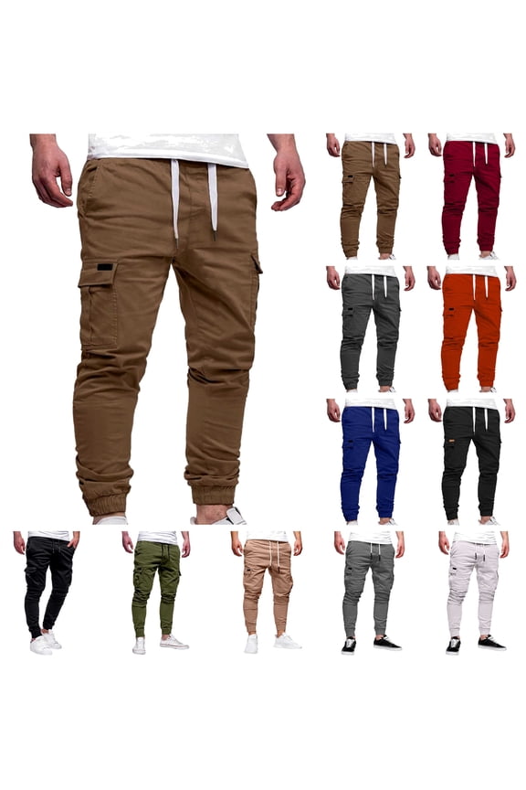 BiZtdJrK Black Mens Cargo Joggers Drawstring Waist Slim Fit Multi Pocket Casual Outdoor Training Pants L