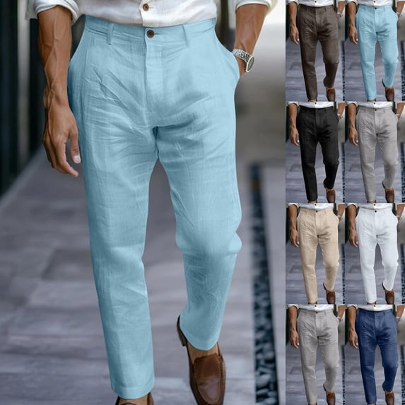 BiZtdJrK Black Mens Outdoor Golf Pants Cotton Linen High Waist Straight Leg Dress Slacks Lightweight Breathable Travel Summer Pant with Pockets XXL