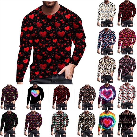 BiZtdJrK Black Mens Valentine's Day Sweatshirt Casual Crew Neck Long Sleeve Shirts Heart Print Graphic Tees Tops L