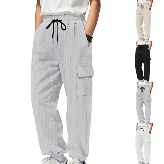 BiZtdJrK Black Waffle Knitted Cargo Pants for Men Casual Elastic Waist Drawstring Sweatpants with Pockets Loose Stretch Jogger Pants L