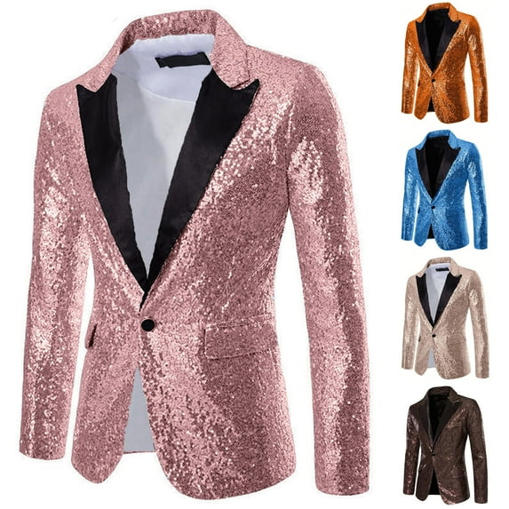 BiZtdJrK Blazers for Men Big and Tall Shiny Sequin Dress Jacket One Botton Lapel Collar Fashion Sport Coats Wedding Party Prom Suit Jackets Coffee XXL