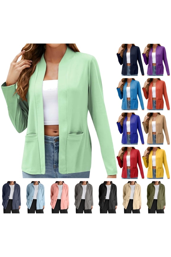 Lightweight Cardigan for Women Dressy Loose Long Sleeve Coats Solid Color Open Front Blazer Jacket with Pockets, Green, S