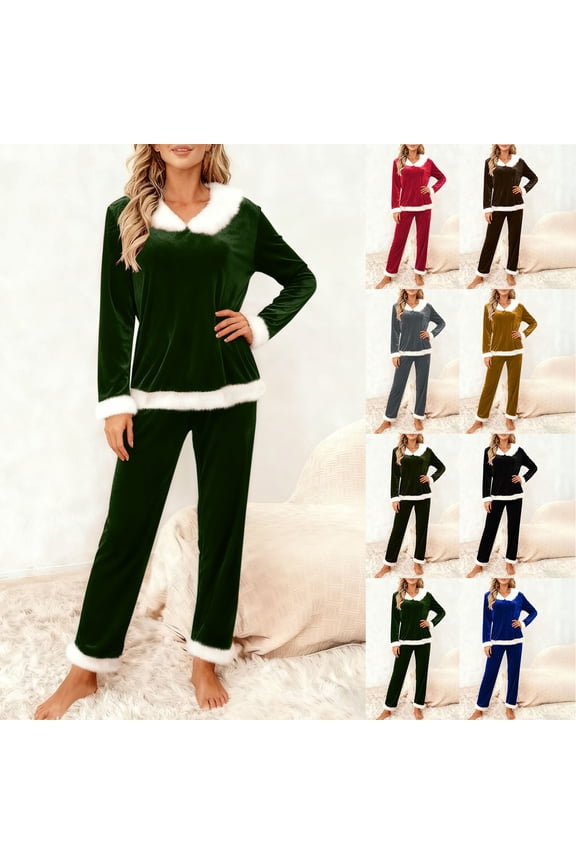 BiZtdJrK Blue Womens Velvet Pajamas Sets Faux Fur Trim Long Sleeve Tops and Sleep Pants 2 Piece Outfits Loungewear L