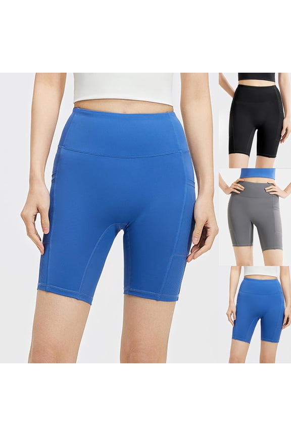 Blue Womens Yoga Shorts Compression High Waisted Tummy Control Shapewear Boyshorts Quick Dry Stretch Gym Running Athletic Shorts L