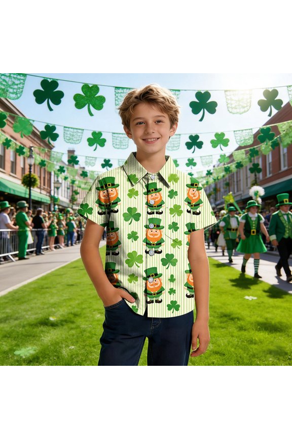BiZtdJrK Boy Regular Fit Shirts Shamrock Graphic Short Sleeve Button Down Shirt Boys Girls Lapel School Uniform Shirt St. Patrick's Day Gifts Multicolor 140
