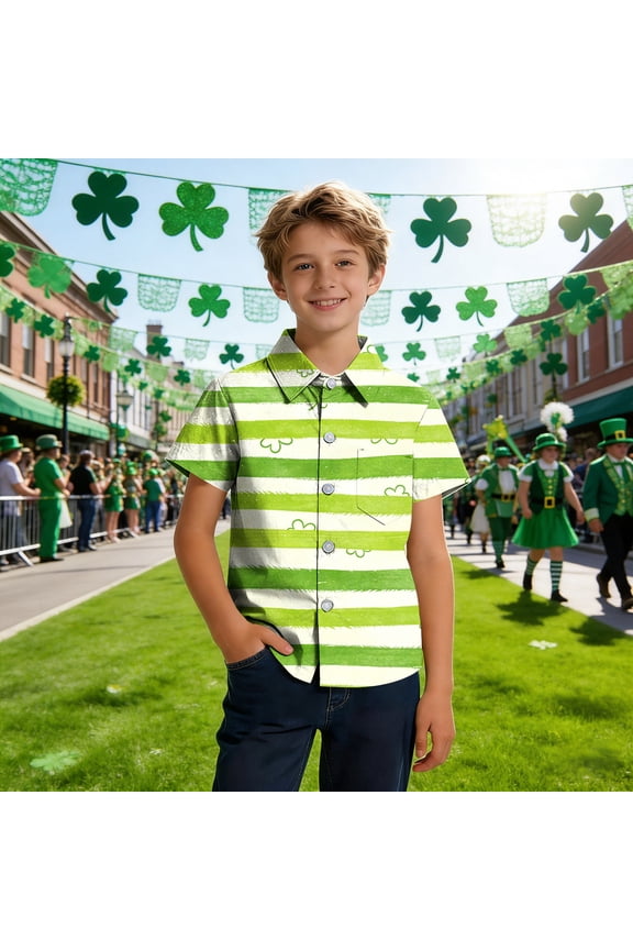 BiZtdJrK Boy Regular Fit Shirts Shamrock Graphic Short Sleeve Button Down Shirt Boys Girls Lapel School Uniform Shirt St. Patrick's Day Gifts Multicolor 170