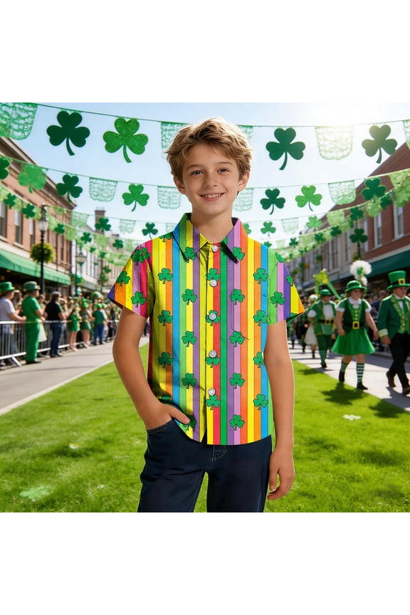 BiZtdJrK Boy Regular Fit Shirts Shamrock Graphic Short Sleeve Button Down Shirt Boys Girls Lapel School Uniform Shirt St. Patrick's Day Gifts Multicolor 170