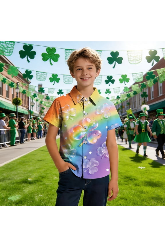 BiZtdJrK Boy Regular Fit Shirts Shamrock Graphic Short Sleeve Button Down Shirt Boys Girls Lapel School Uniform Shirt St. Patrick's Day Gifts Multicolor 170