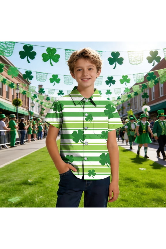 BiZtdJrK Boys Novelty Graphic Shirts Four Leaf Clover Print Short Sleeve Button Down Shirt Funny St. Patrick's Day Shirts for Boy and Girl Multicolor 100