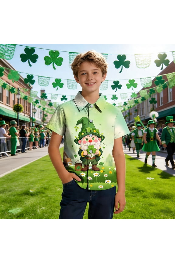 BiZtdJrK Boys St Patricks Day Tops Color Block Shamrock Graphic Short Sleeve Button Down Shirts Fashion Luck Clover Tops Boy's Girl's Clothes Multicolor 100