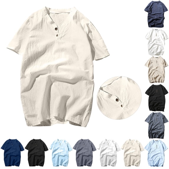 BiZtdJrK Breathable T Shirt for Men Cotton Linen Short Sleeve Button Up V Neck Henley Shirts Lightweight Summer Beach Gauze Tee Tops Dark Gray M