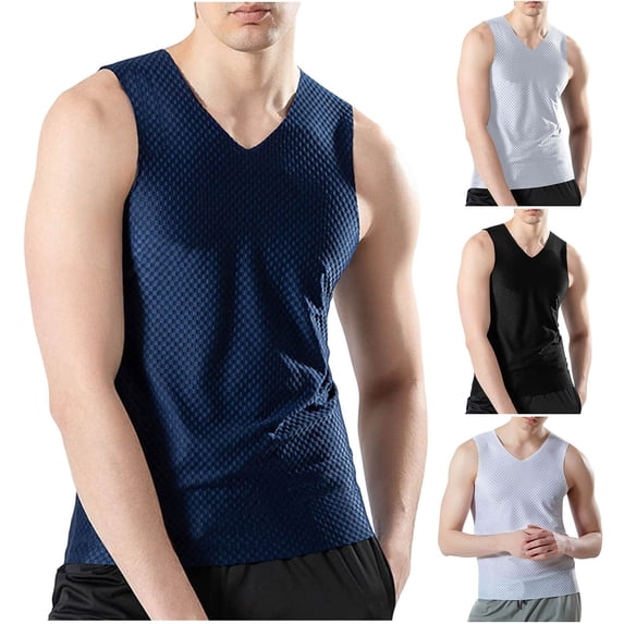 BiZtdJrK Breathable Tank Tops for Men Ice Silk V Neck Sleeveless Fitness Workout Shirts Cooling Lightweight Running Active Undershirts Summer Tanks Navy XL
