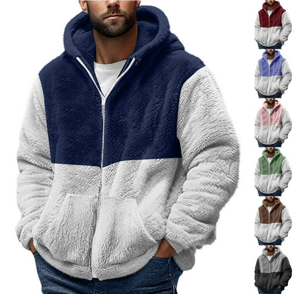 BiZtdJrK Brown Fuzzy Sherpa Jacket for Men Fleece Zip Up Long Sleeve Hooded Sweatshirts Casual Winter Warm Outdoor Coats with Pockets L