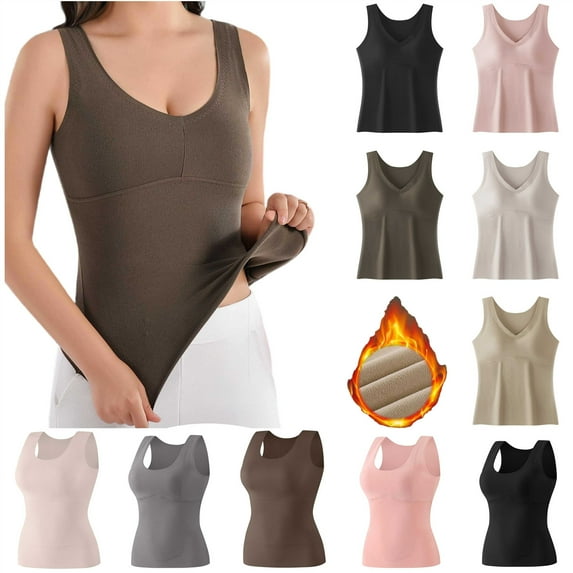 BiZtdJrK Bulit-in Bra Tank Tops for Women Seamless V Neck Warm Winter Base Layer Vest Solid Color Basic Sleeveless Undershirts, Gray, XS