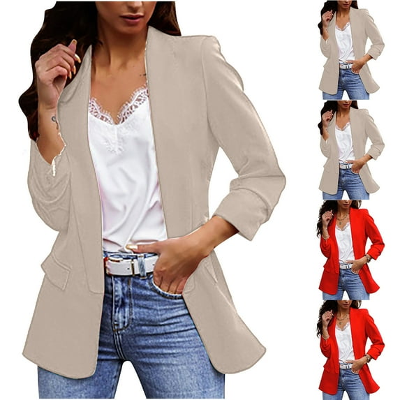 BiZtdJrK Business Casual Blazers Women 2025 Fall Long Sleeve Lapel Suit Jackets Outdoor Solid Work Blazer Outerwear Khaki XL