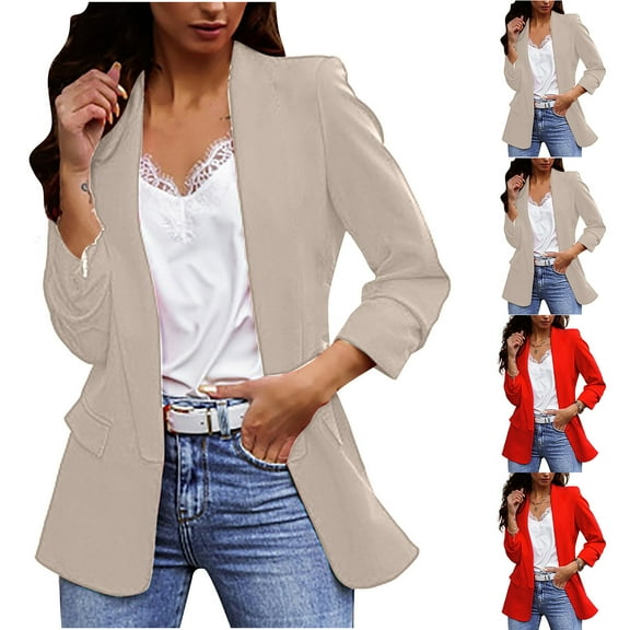 BiZtdJrK Business Casual Blazers Women 2025 Fall Long Sleeve Lapel Suit Jackets Outdoor Solid Work Blazer Outerwear Sales of the Day Khaki XXL