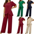 thumbnail image 1 of BiZtdJrK Business Work Outfits for Women Irregular Hem Short Sleeve Tops and Pants 2 Piece Sets Solid Color Dressy Casual Set Green L, 1 of 7