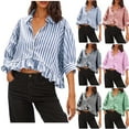 thumbnail image 1 of BiZtdJrK Button Down Blouse for Women Trendy Striped 3/4 Sleeve Shirts Y2k Ruffle Hem Cropped Tops Pink M, 1 of 7