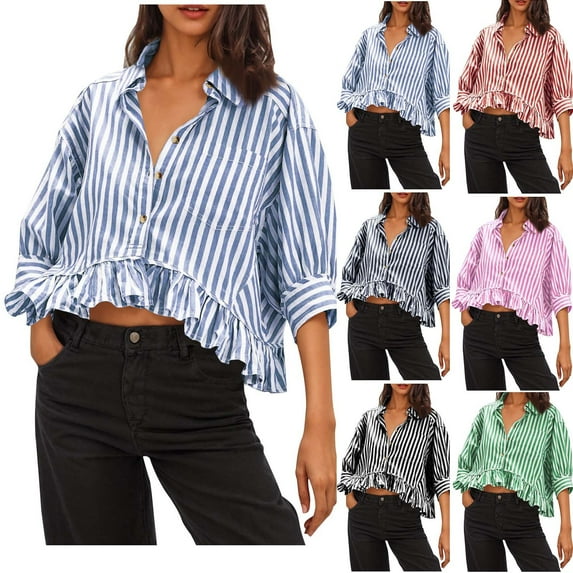 BiZtdJrK Button Down Blouse for Women Trendy Striped 3/4 Sleeve Shirts Y2k Ruffle Hem Cropped Tops Pink M