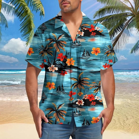 BiZtdJrK Button Down Shirt Men Big and Tall Tropical Print Short Sleeve Casual Summer Shirts Lightweight Hawaiian Beach Vacation Shirt Sky Blue XXXXL