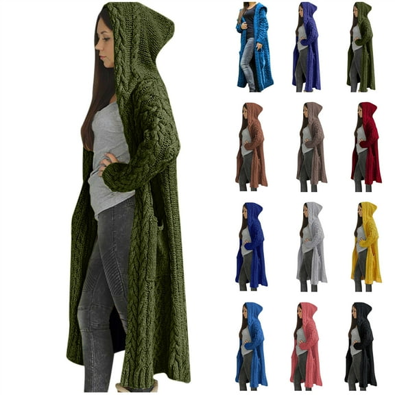 BiZtdJrK Cable Knit Cardigans for Women Loose Long Sleeve Fall Winter Hooded Sweater Coat with Pockets Going Out Outfits Dark Blue L Birthday Gifts